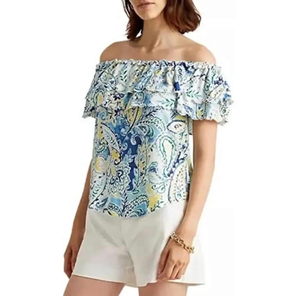 Lauren Ralph Lauren Paisley Print Ruffle Off Shoulder Top Siz S Small Multicolor - Picture 7 of 10